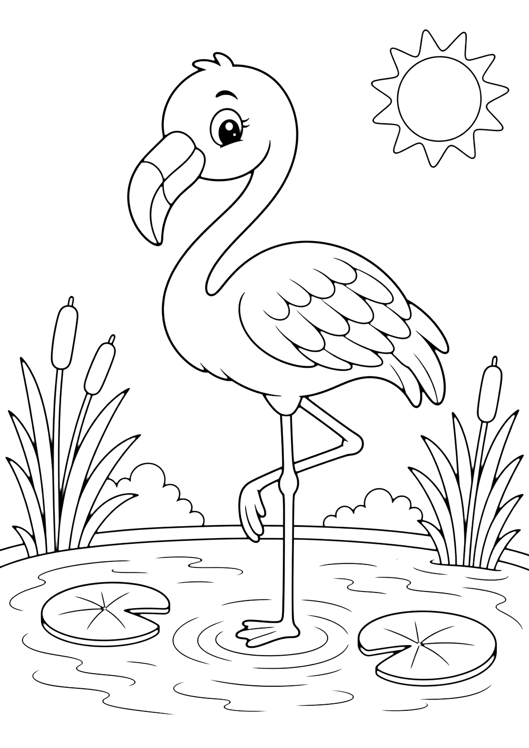 Hayvanat bahçesi göletinde flamingo boyama sayfası
