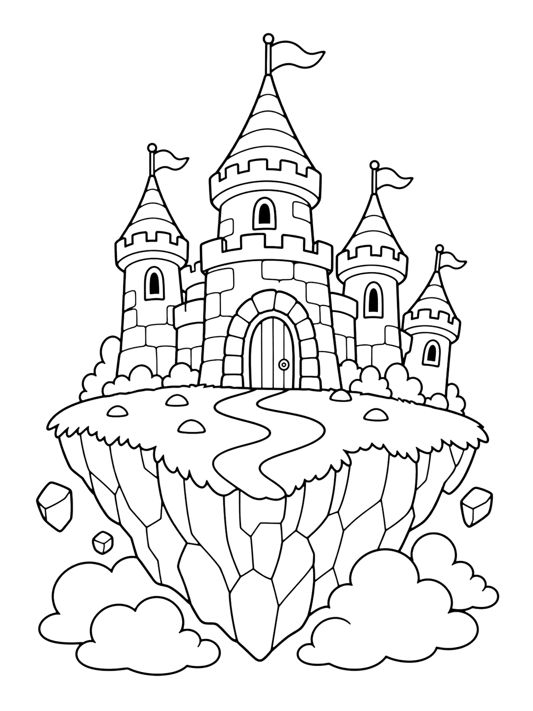 Disegno di castello fantasy fluttuante da colorare con un castello su una piccola isola fluttuante con una torre centrale alta, tre torri più piccole, nuvole sotto, rocce sospese, bandiere e un sentiero curvo. Adatto a bambini, stampa, download e colorazione online.