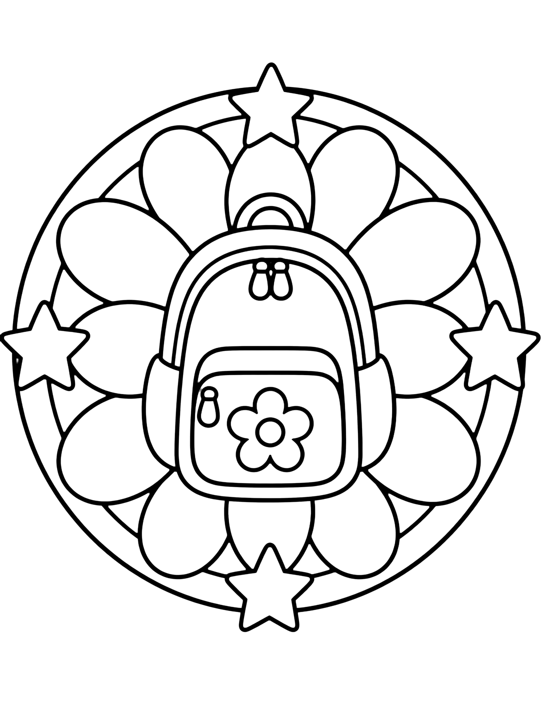 flower backpack mandala coloring page with one large backpack in the center with a flower on the pocket, surrounded by a circular ring of rounded petals and large stars for kids