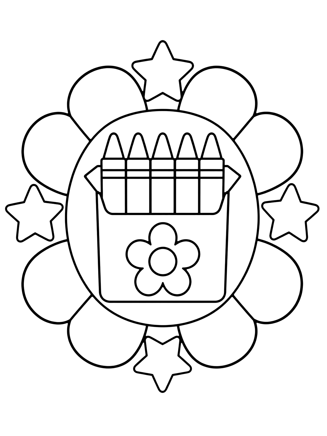 Disegno da colorare con il motivo "mandala con scatola di pastelli e fiore" in un mandala rotondo facile con grandi pastelli, stelle e forme creative. Adatto a bambini, scuola, stampa e colorazione online.