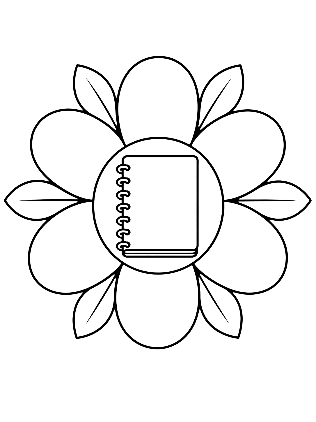 Dibujo para colorear con el motivo «mandala de cuaderno con flor» en una mandala circular fácil con cuadernos y formas escolares grandes. Ideal para niños, actividades escolares, impresión y coloreado online.