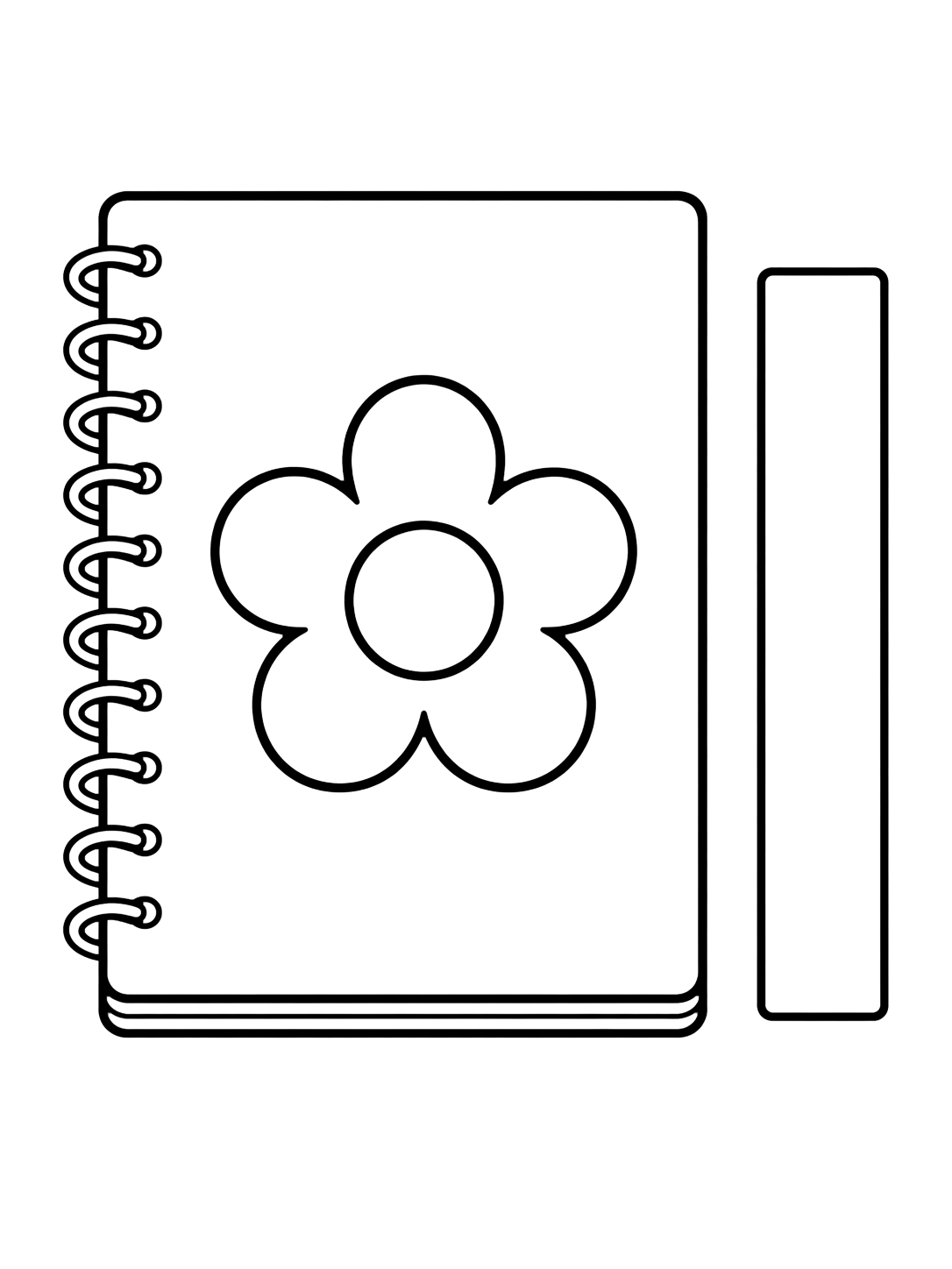 Dibujo para colorear con el motivo «cuaderno con flor y regla» con un cuaderno claro, formas escolares grandes y mucho espacio libre. Ideal para niños, actividades escolares, impresión y coloreado online.