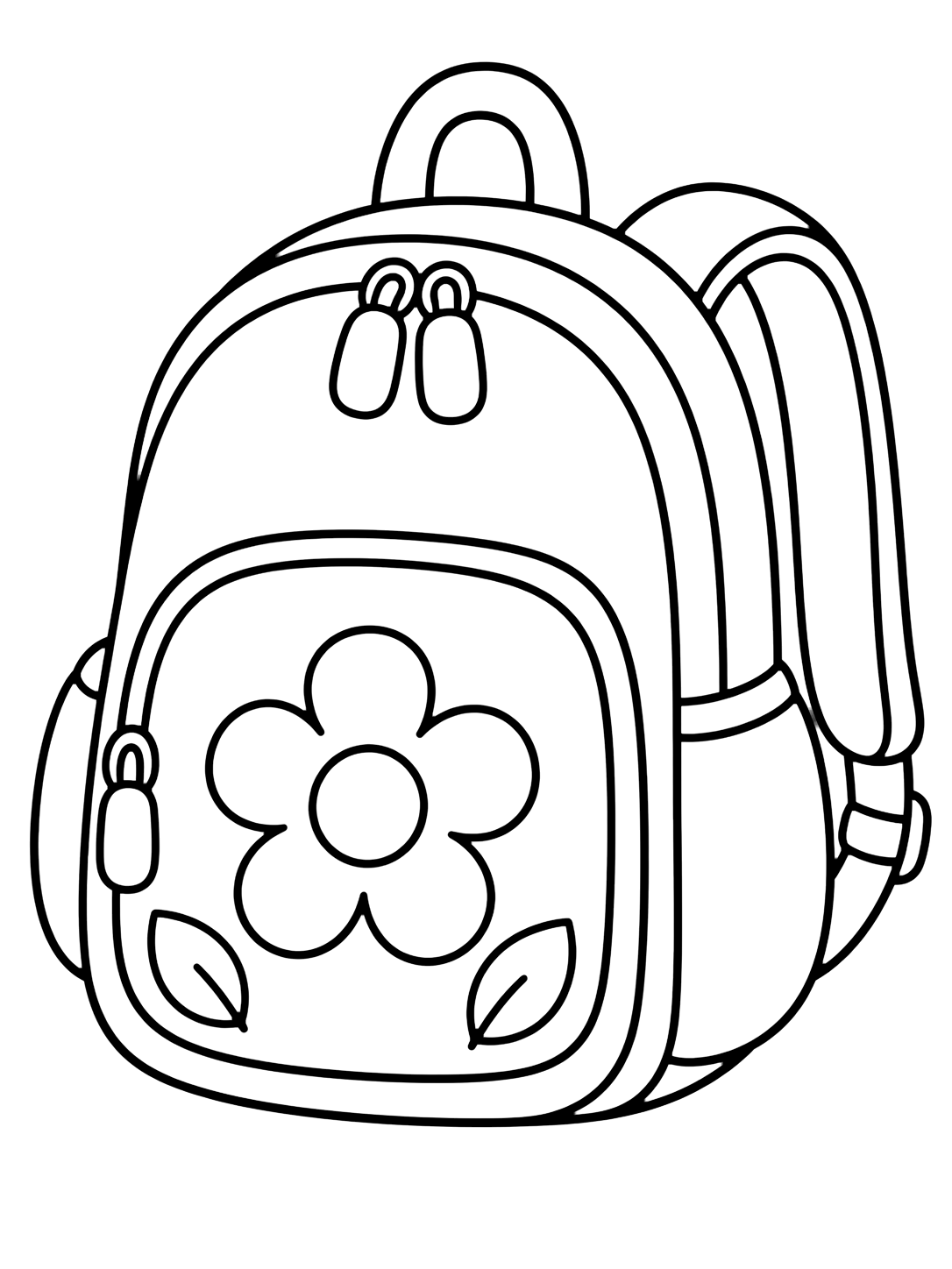 flower pocket backpack coloring page with one large school backpack with a big flower patch on the front pocket, rounded zipper pulls, simple straps, and two small leaves near the bottom for kids
