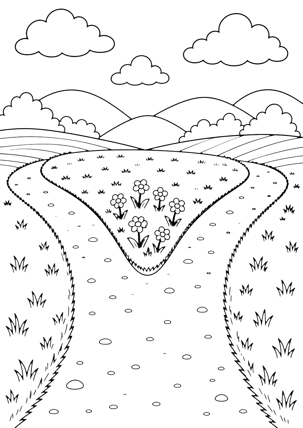 forked country road coloring page with a forked country road splitting into two paths around a small grassy island with flowers, open fields, low rounded hills, bushes, broad clouds, and open sky for kids