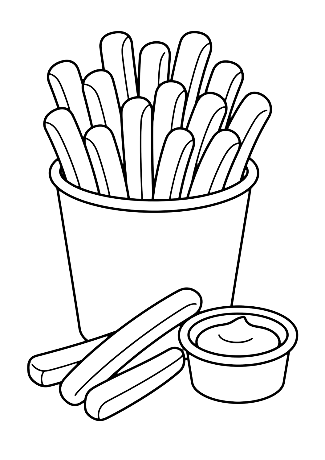Coloriage de snack avec un simple gobelet de frites à côté d'un petit pot de ketchup ouvert, avec quelques frites penchées vers la sauce. Idéal pour enfants, impression et coloriage en ligne.