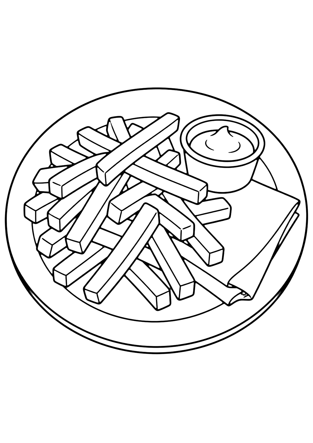 Coloriage de snack avec une assiette ronde de pique-nique avec une pile de frites bien rangée, une serviette pliée et un petit pot de sauce. Idéal pour enfants, impression et coloriage en ligne.