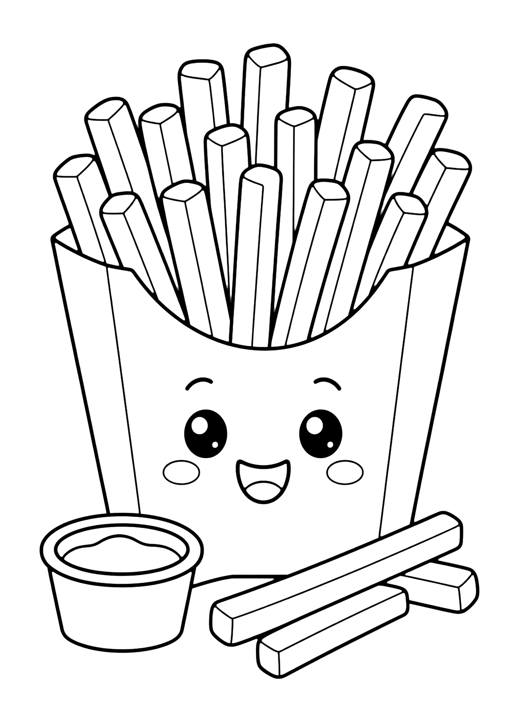 Coloriage de snack avec un cornet de frites sans texte, un petit pot de sauce, des bâtonnets de pomme de terre et un joli visage souriant. Idéal pour enfants, impression et coloriage en ligne.