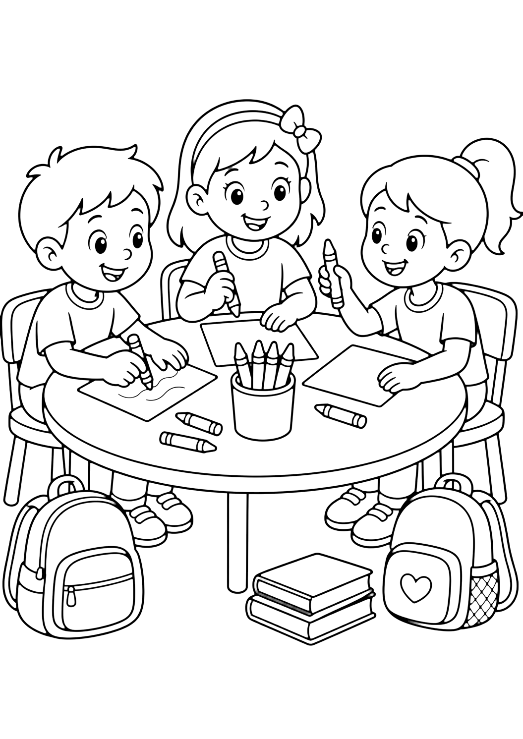 Ausmalbild mit drei Kinder an einem Klassentisch, die Wachsmalstifte und Papier teilen, mit Ranzen und Büchern daneben. Geeignet für Kinder, Schulstart, Ausdrucke und Online-Ausmalen.