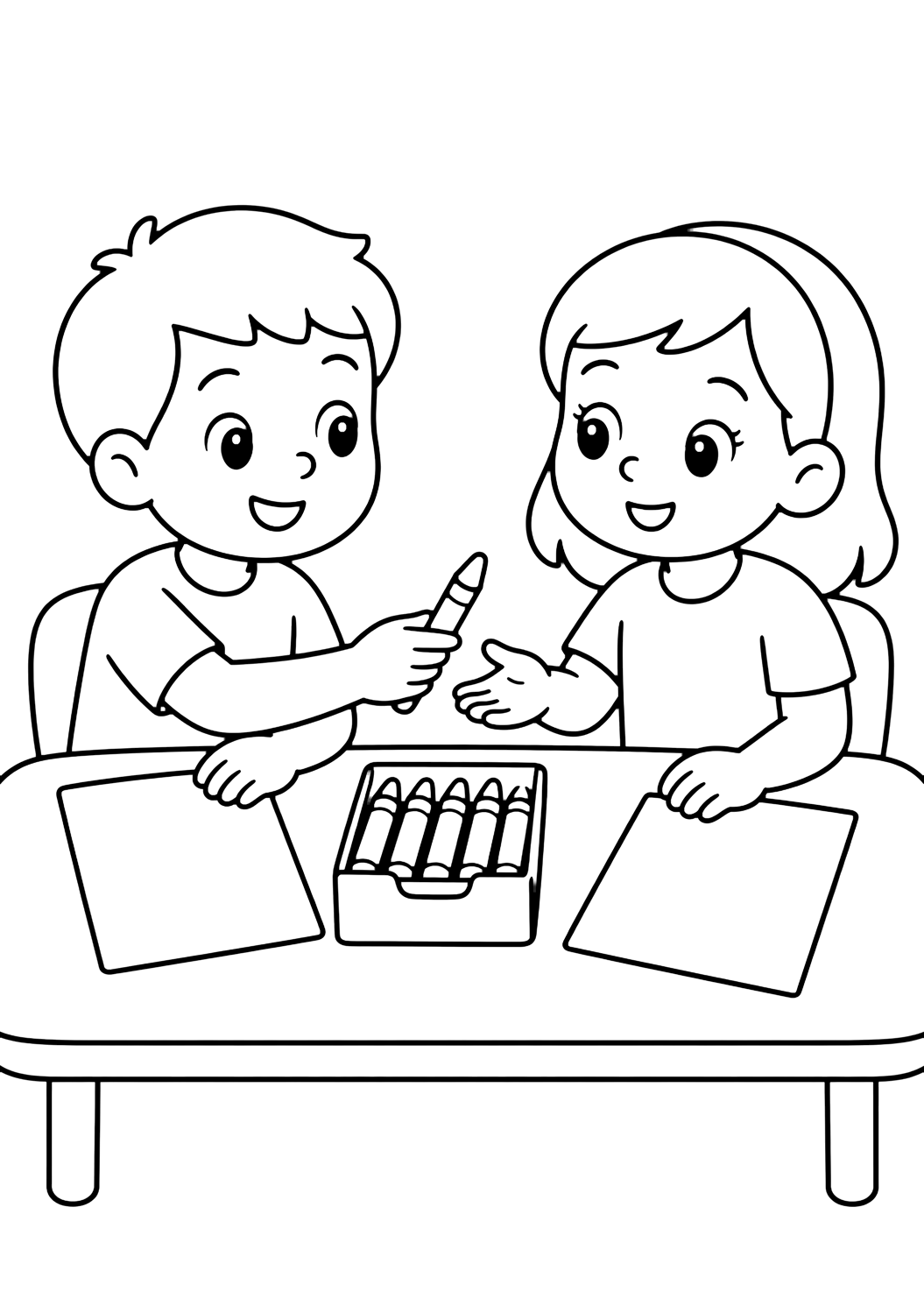 Ausmalbild mit Schulfreunden und zwei lächelnde Kinder an einem Klassenzimmertisch, die einen Wachsmalstift neben einer offenen Schachtel und zwei leeren Blättern teilen. Geeignet für Kinder, Ausdrucke, Downloads und Online-Ausmalen.