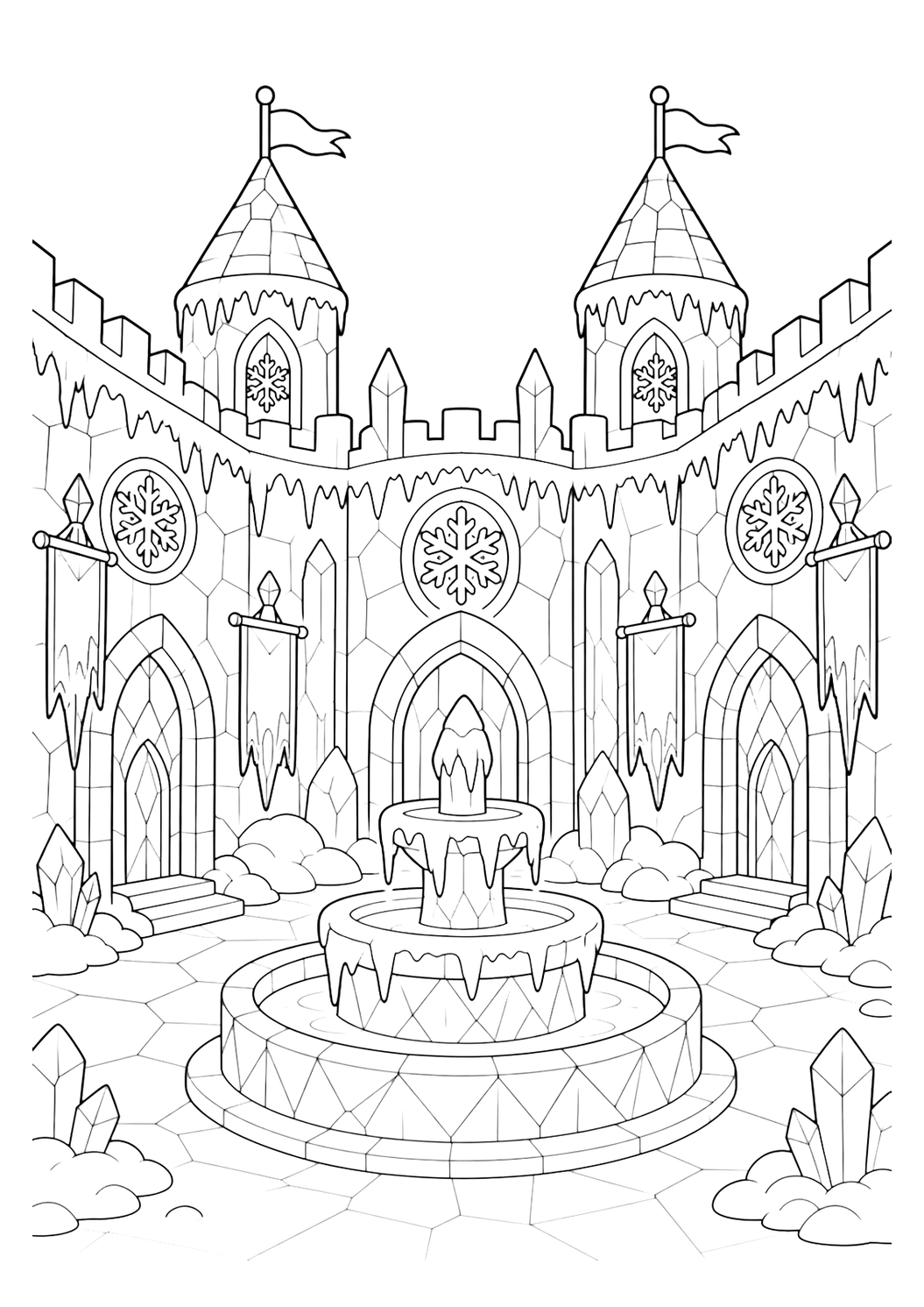 frozen courtyard ice castle coloring page with clean ice castle line art for kids