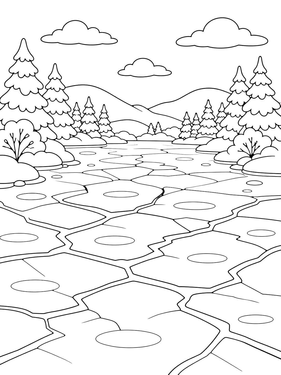 Ausmalbild mit ein gefrorener See mit großen einfachen Risslinien im Eis im Vordergrund, glatten ovalen Eisflächen, runden Schneebänken auf beiden Seiten, Kiefern, fernen Hügeln und offenem Himmel. Geeignet für Kinder, Winterthemen, Ausdrucke und Online-Ausmalen.