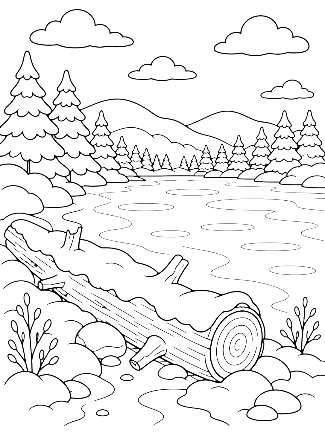 Disegno da colorare con un lago ghiacciato con un grande tronco caduto coperto di neve lungo la riva, macchie lisce di ghiaccio, cumuli arrotondati, pini, basse colline lontane e ampio cielo invernale. Adatto a bambini, inverno, stampa e colorazione online.
