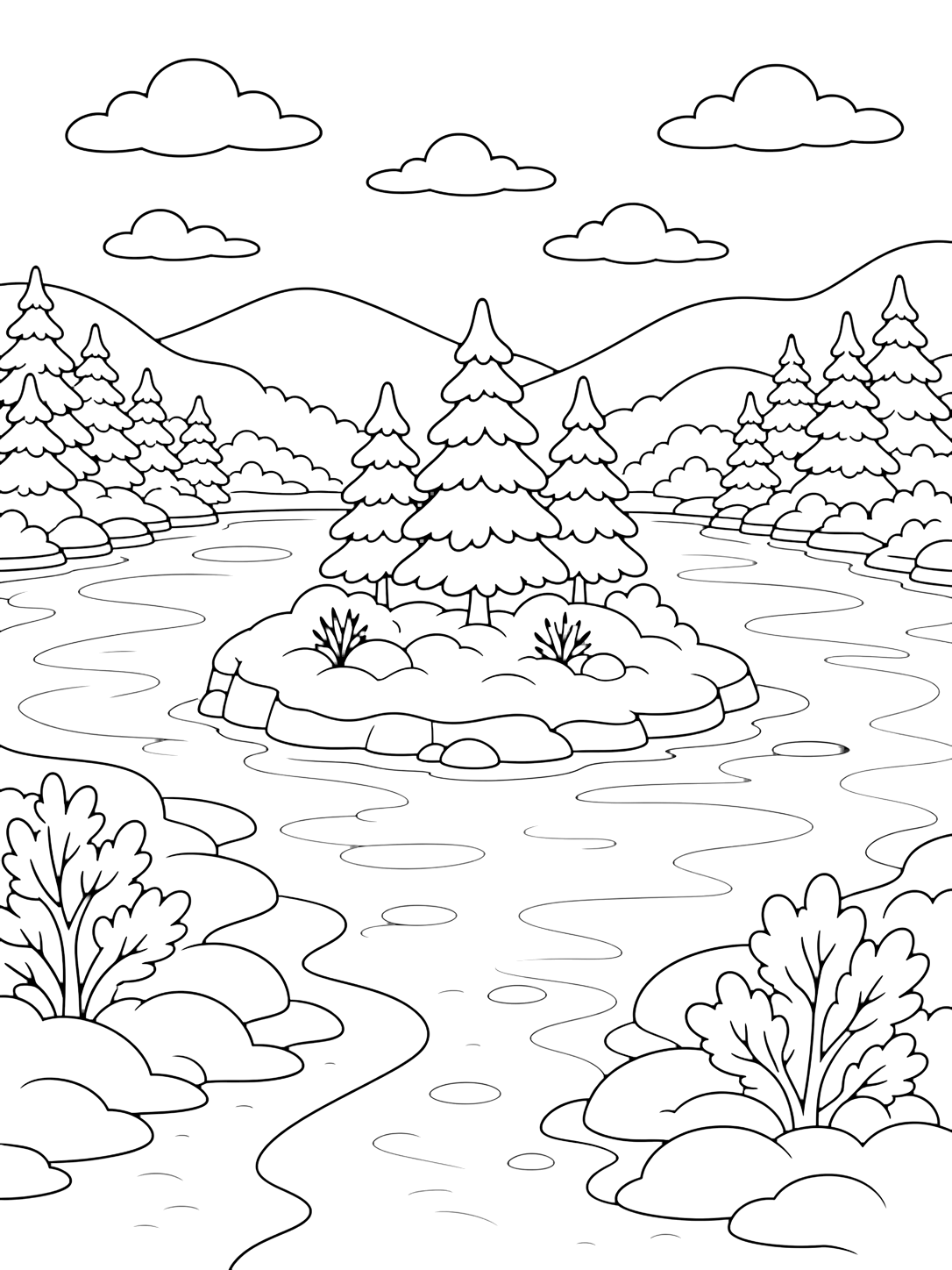 frozen lake island coloring page with a frozen lake with a small snowy island in the middle, a few pine trees on the island, smooth ice shapes around it, rounded snowbanks on the shore, distant winter hills, and wide open sky for kids