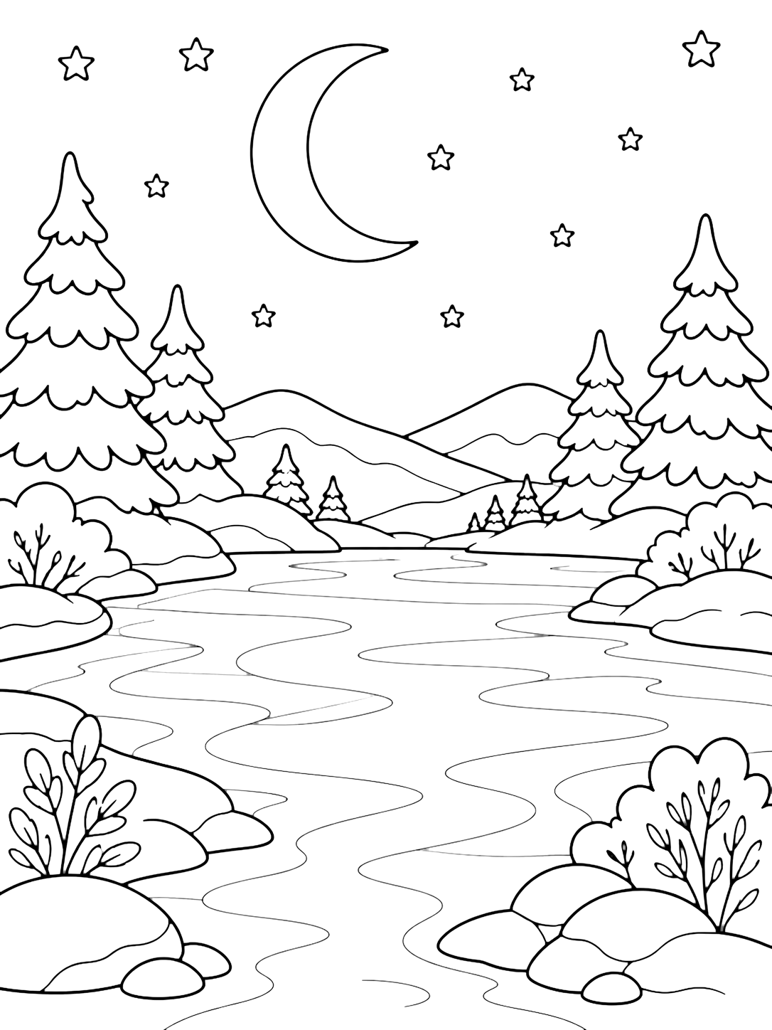 Coloriage avec un lac gelé sous un grand croissant de lune, avec des bandes de glace lisses, des congères arrondies, des pins sur la rive, de douces collines lointaines, quelques étoiles simples et un grand ciel ouvert. Idéal pour enfants, thèmes d'hiver, impression et coloriage en ligne.