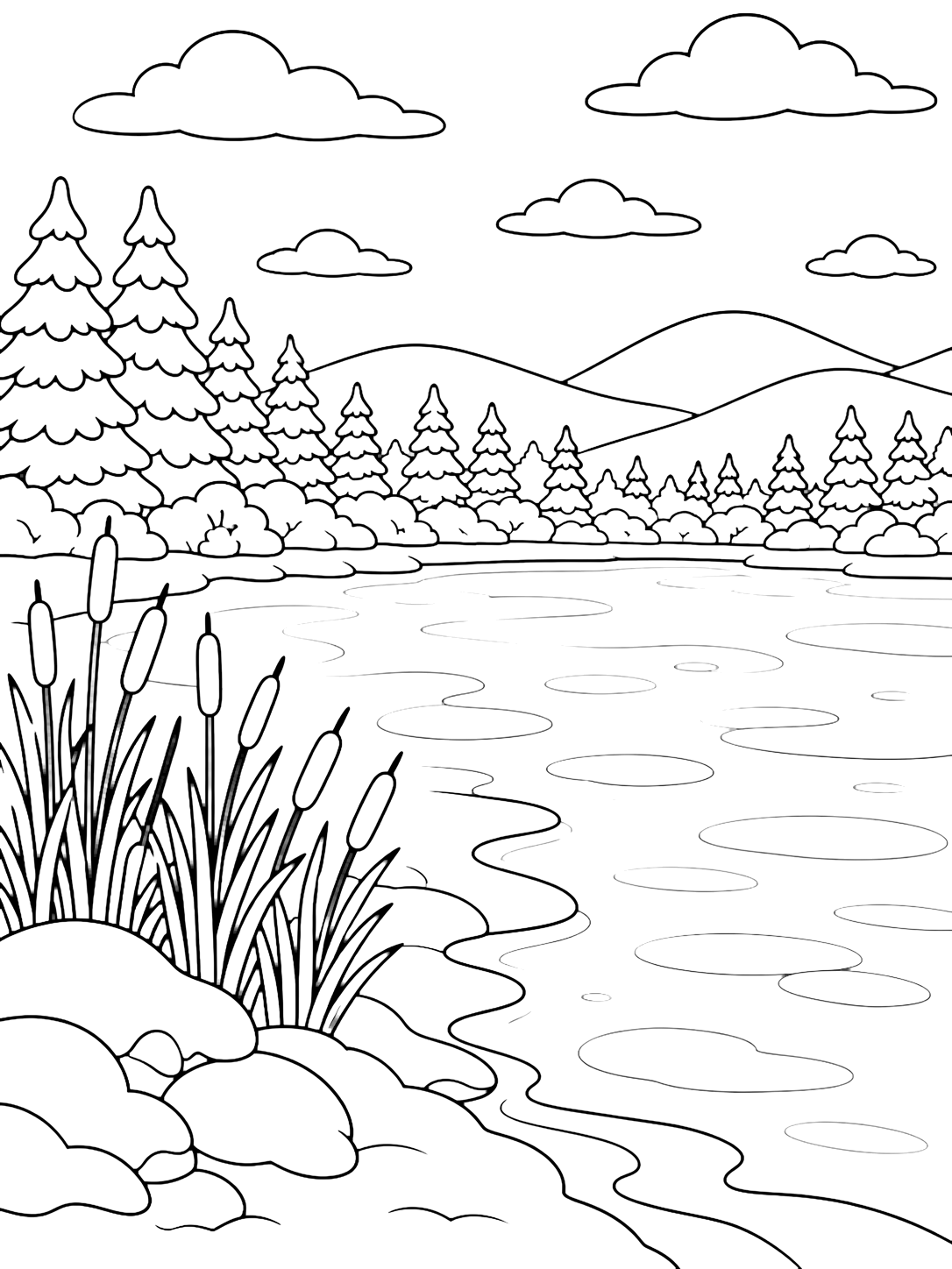 frozen lake reeds coloring page with a frozen lake with tall winter reeds along one shore, smooth ice patches, rounded snowbanks, pine trees behind the reeds, distant hills, and a wide open winter sky for kids