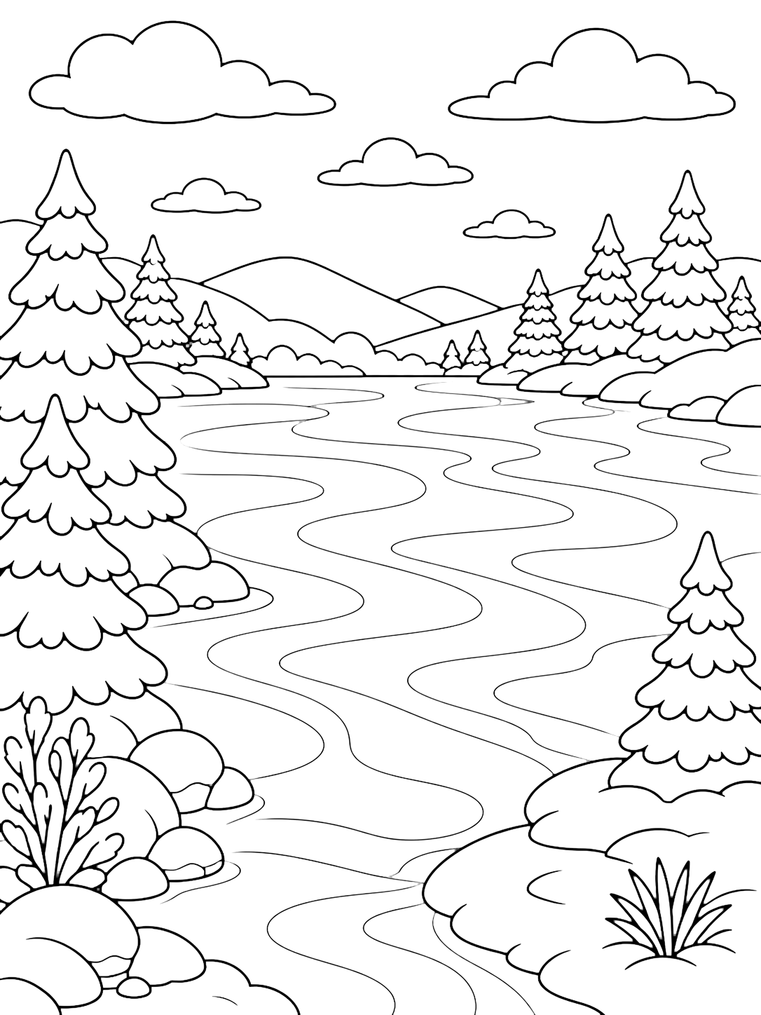 Ausmalbild mit ein gefrorener See mit rollenden Schneewehenmustern auf dem Eis, breiten gebogenen Schneebändern, runden Schneebänken am Ufer, Kiefern, fernen Winterhügeln und weitem offenem Himmel. Geeignet für Kinder, Winterthemen, Ausdrucke und Online-Ausmalen.