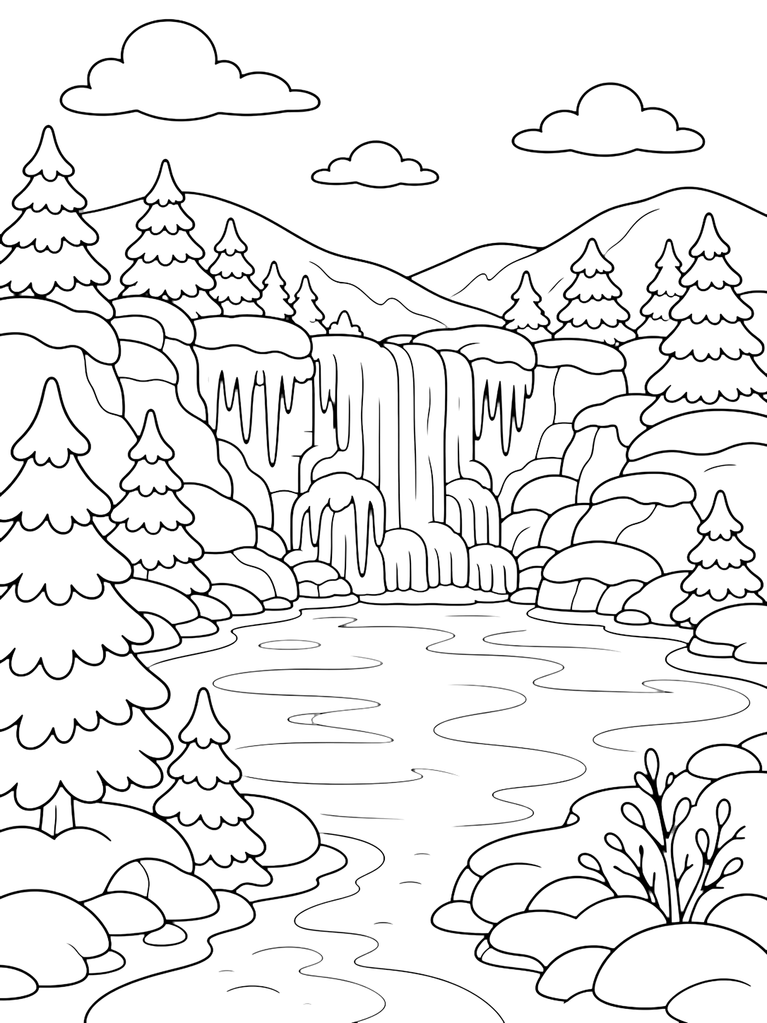 Disegno da colorare con un lago ghiacciato alla base di una piccola cascata congelata, con semplici forme di ghiaccioli su una sporgenza rocciosa, macchie lisce di ghiaccio sul lago, rocce innevate arrotondate, pini, colline lontane e ampio cielo invernale. Adatto a bambini, inverno, stampa e colorazione online.