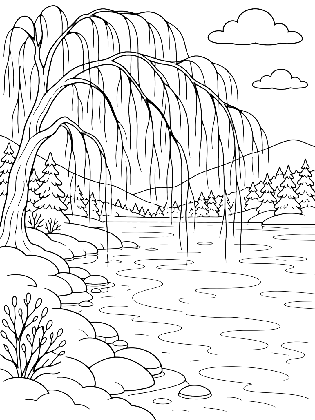 Ausmalbild mit ein gefrorener See mit kahlen Weiden, die sich über das verschneite Ufer neigen, langen einfachen hängenden Zweigen, glatten Eisflächen, runden Schneebänken, fernen Kiefernhügeln und offenem Winterhimmel. Geeignet für Kinder, Winterthemen, Ausdrucke und Online-Ausmalen.