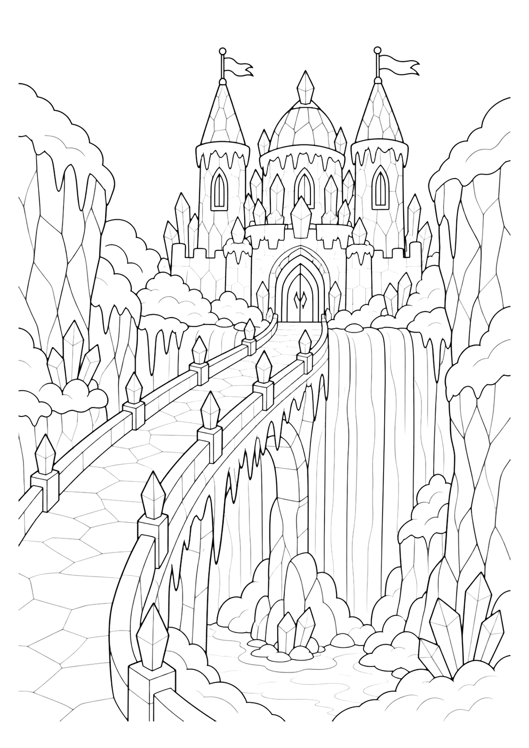 frozen waterfall bridge ice castle coloring page with clean ice castle line art for kids