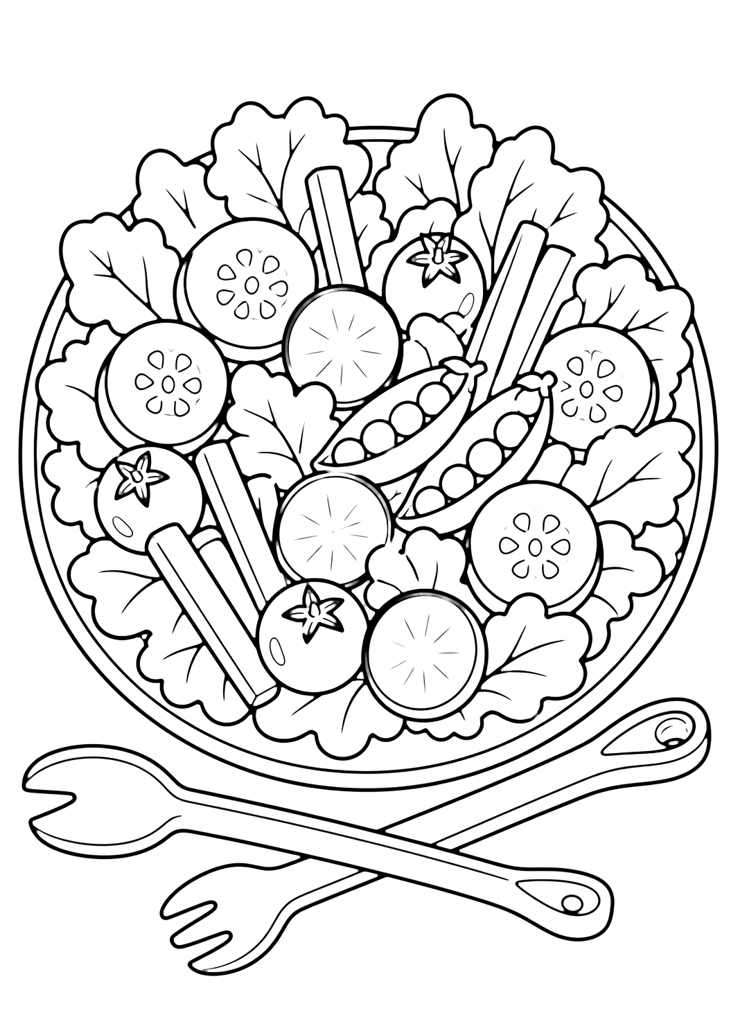 Página de ensalada para colorear con un plato de ensalada de jardín visto desde arriba, con hojas de lechuga, bastones de zanahoria, rodajas de pepino, rabanitos, tomates cherry, vainas de guisantes y pinzas cruzadas. Ideal para niños, imprimir y colorear online.