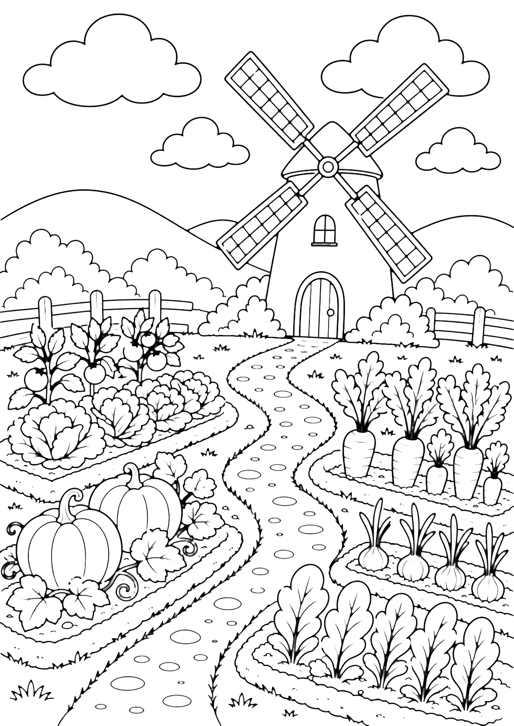 garden windmill coloring page with a windmill behind a vegetable garden with neat beds, large simple carrots, pumpkins, leafy plants, a small path, low rounded hills, broad clouds, and open sky for kids