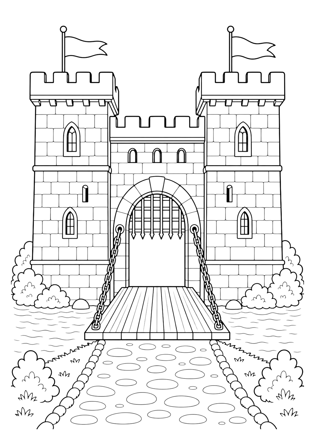 Disegno di castello medievale con porta e ponte levatoio da colorare con un robusto castello medievale con corpo di guardia, due torri quadrate merlate, ponte levatoio di legno abbassato, fossato semplice, saracinesca, piccole bandiere, blocchi di pietra e ampio sentiero verso la porta. Adatto a bambini, stampa, download e colorazione online.