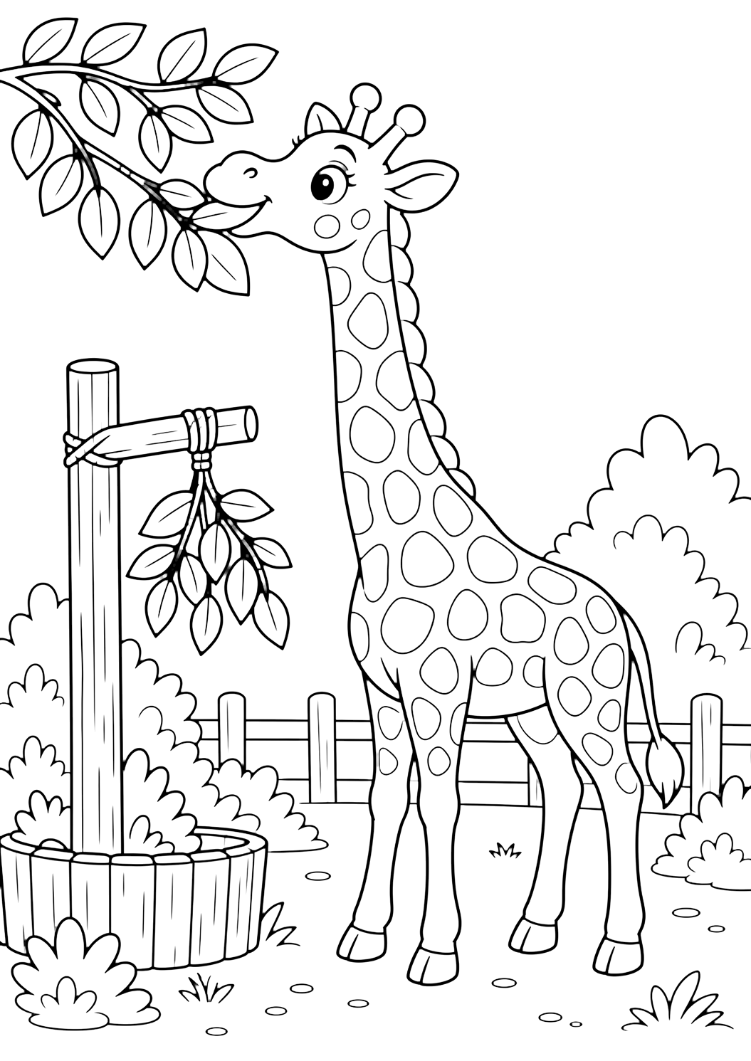 giraffe zoo feeding time coloring page with a simple zoo habitat scene for kids