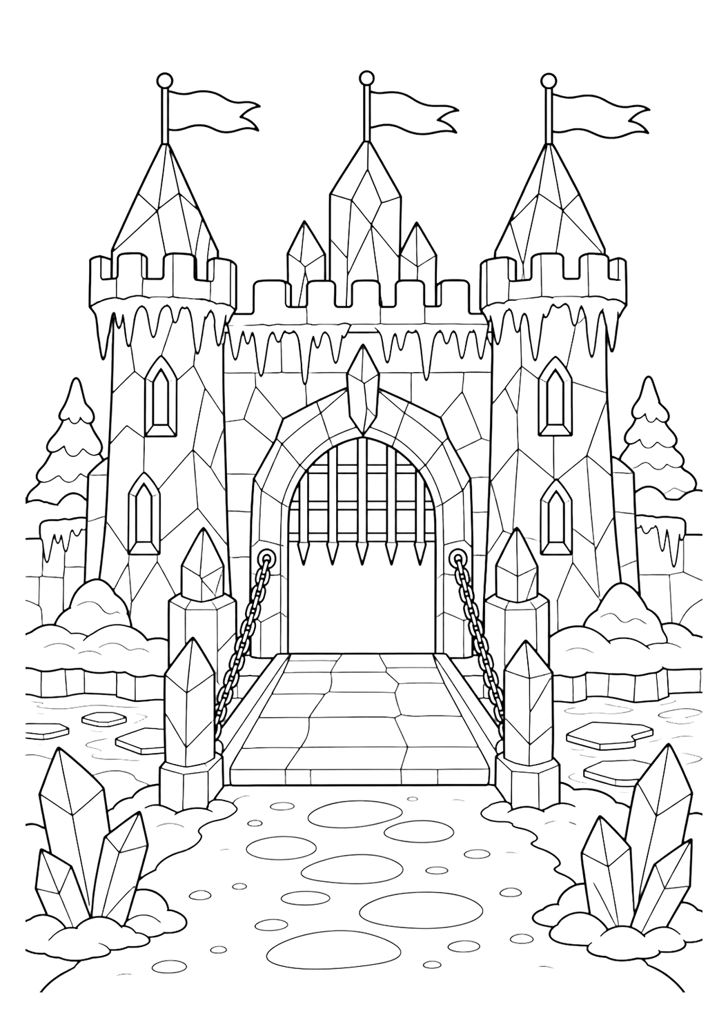 glacier gate ice castle coloring page with clean ice castle line art for kids