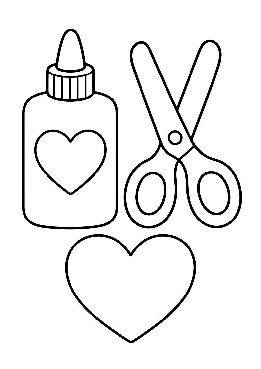 Coloriage avec le motif « colle et ciseaux avec cœur » avec de grands ciseaux, de la colle et des formes en papier simples. Idéal pour enfants, rentrée scolaire, impression et coloriage en ligne.