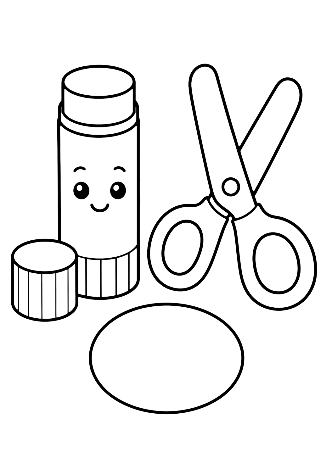 Coloriage avec le motif « bâton de colle et ciseaux de sécurité » avec de grands ciseaux, de la colle et des formes en papier simples. Idéal pour enfants, rentrée scolaire, impression et coloriage en ligne.