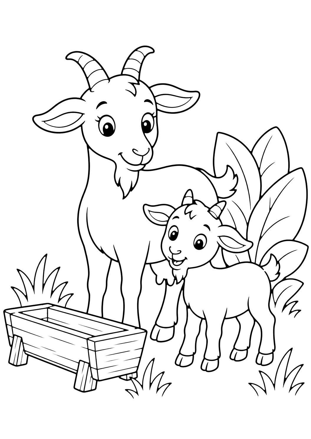 goat and kid family coloring page with simple farm family line art for kids