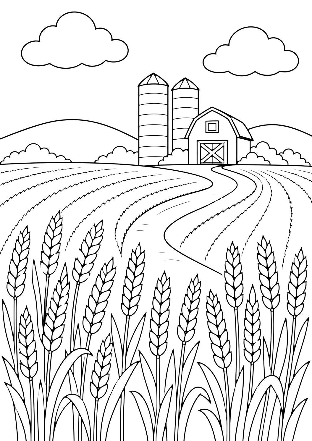 grain silos wheat field coloring page with two grain silos and a small barn beyond sweeping wheat rows, a curving farm path, foreground wheat stalks, low hills, broad clouds, and open sky for kids
