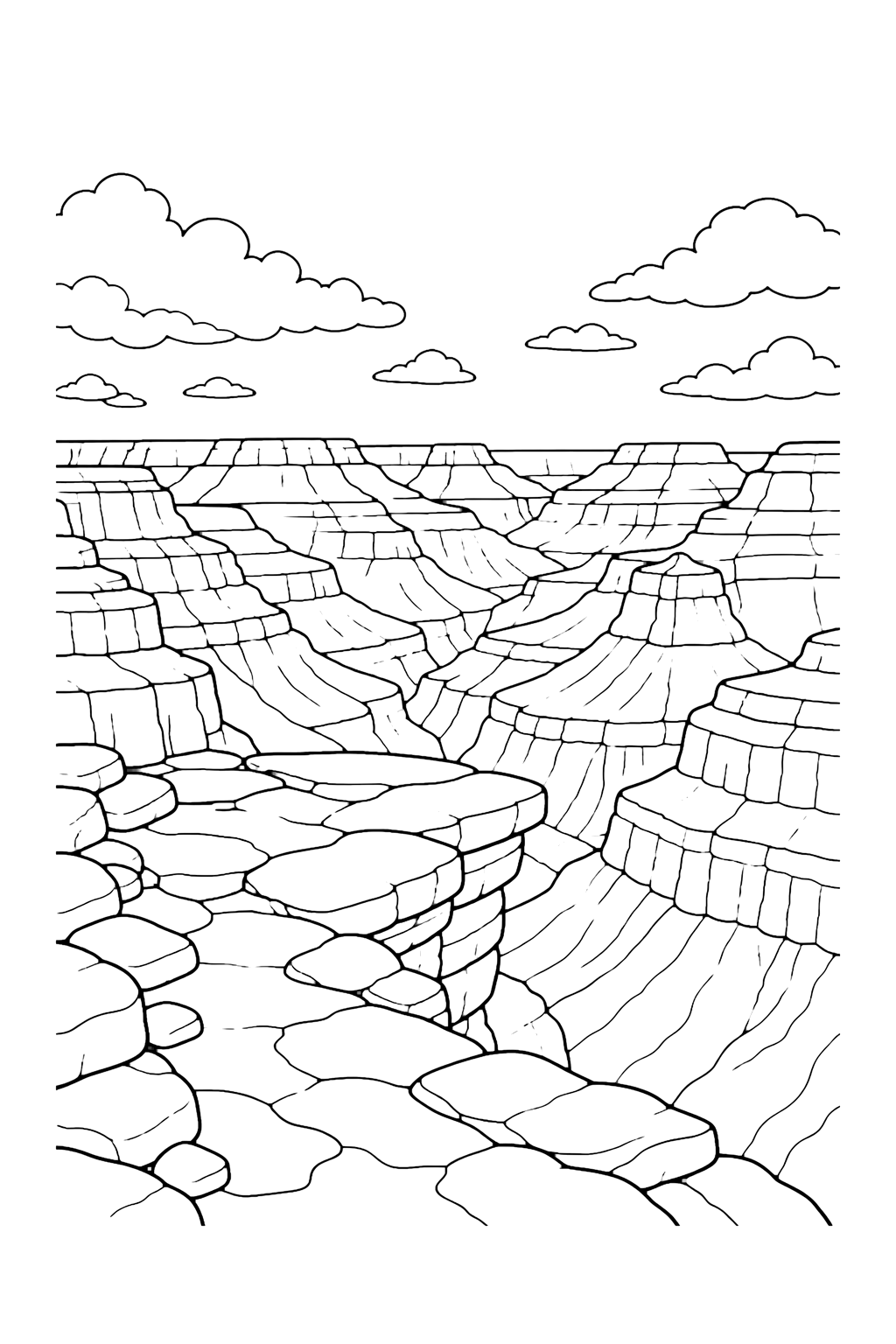 Grand Canyon Mather Point view coloring page with a Mather Point style canyon view with a foreground rock ledge, deep layered cliffs, distant mesas, soft clouds, and open sky for kids