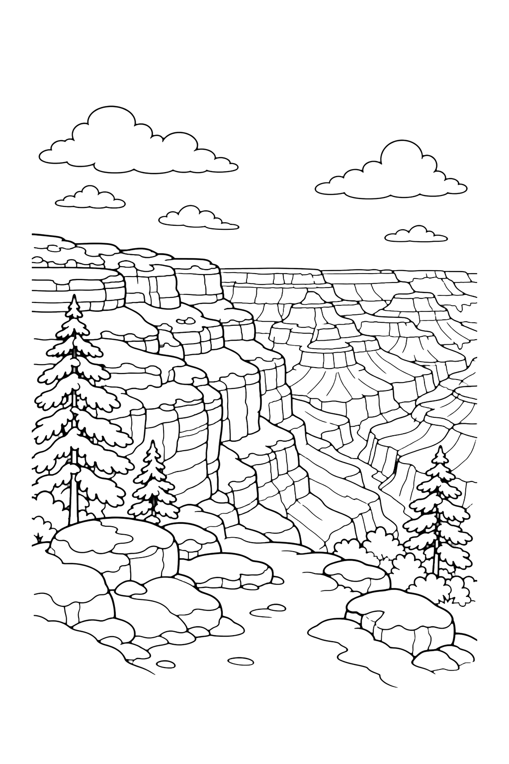 Grand Canyon snowy rim coloring page with a quiet Grand Canyon rim with patches of snow on layered cliffs, a few pine trees, rounded rocks, clouds, and open sky for kids