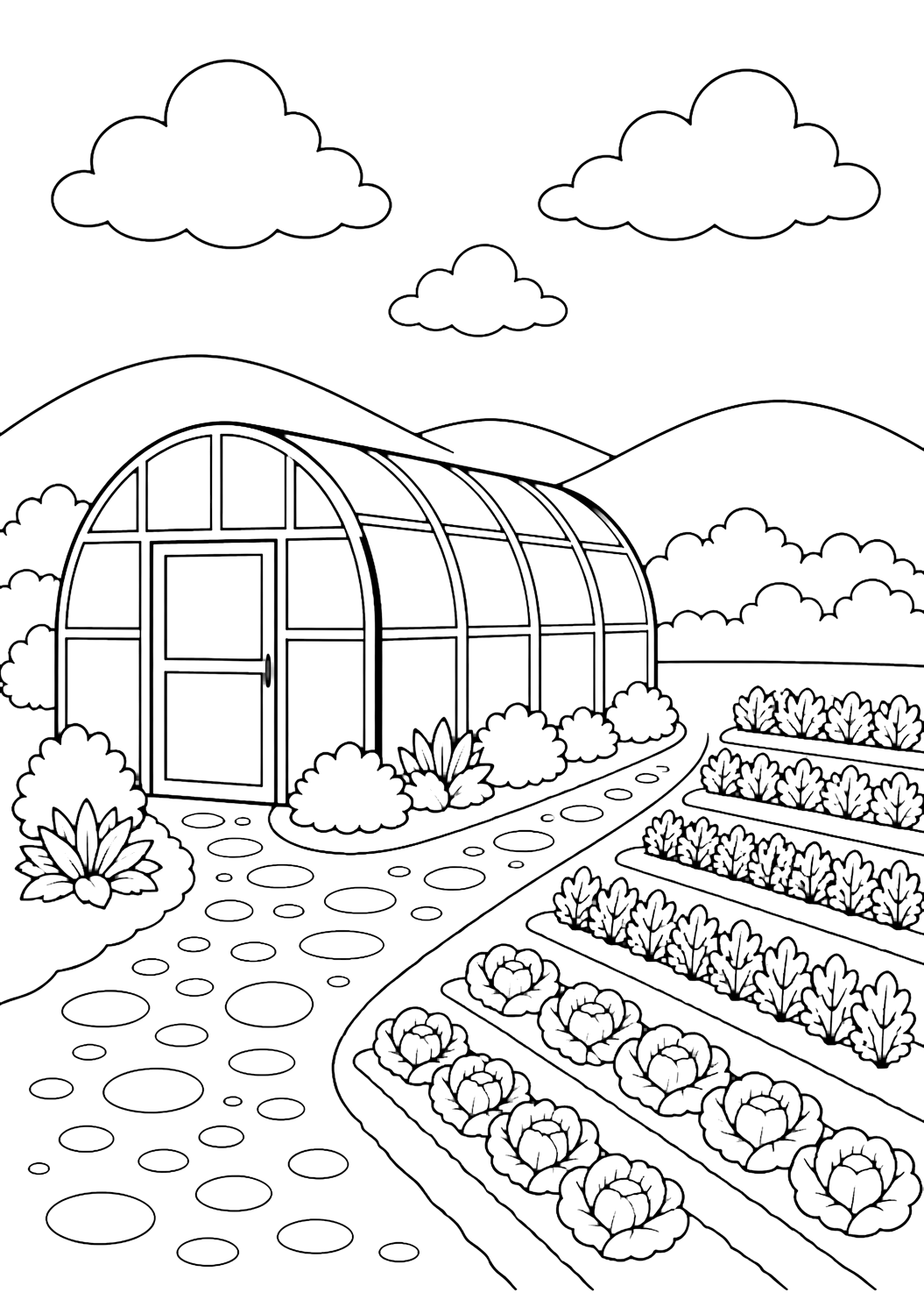 dibujo para colorear de granja con un invernadero arqueado y sencillo junto a hileras de cultivo ordenadas, con grandes paneles de ventana, un camino de grava, arbustos bajos, colinas a lo lejos, nubes amplias y cielo abierto para niños