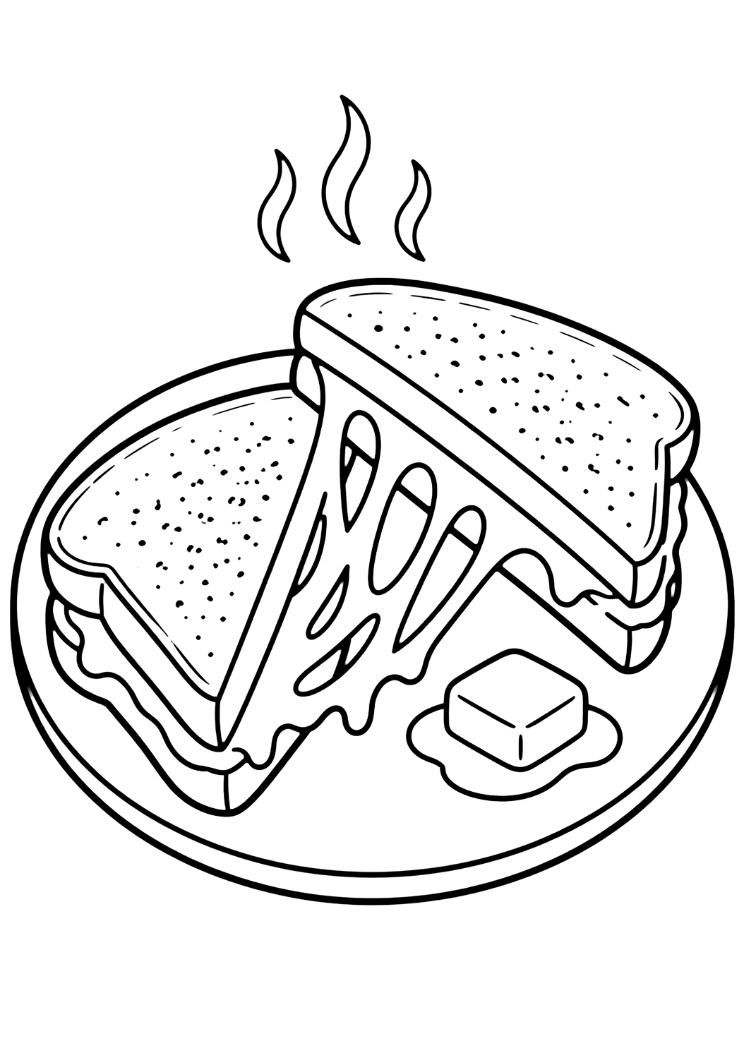 Disegno di snack da colorare con due metà di un sandwich al formaggio grigliato su un piattino, con formaggio fuso tra le metà, puntini sul pane tostato, burro e vapore. Adatto a bambini, stampa e colorazione online.