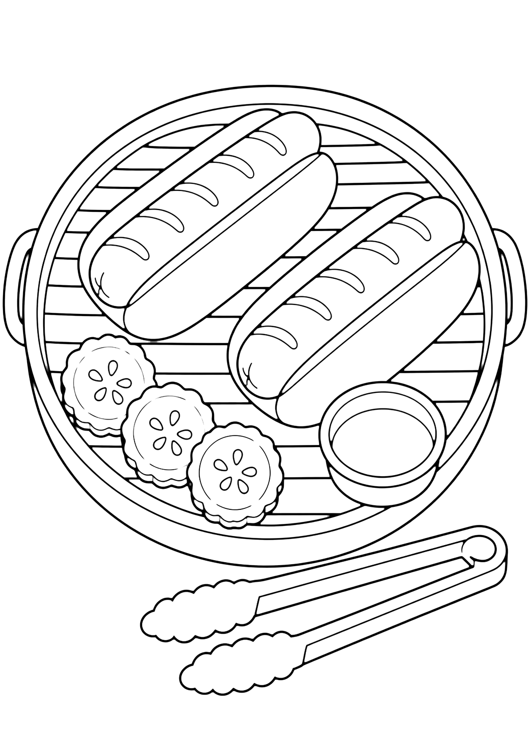 Dibujo de comida para colorear con una parrilla redonda sencilla con dos hot dogs encima, líneas de parrilla separadas, unas pinzas, un cuenco de salsa en blanco y rodajas de pepinillo. Ideal para niños, impresión y coloreado online.