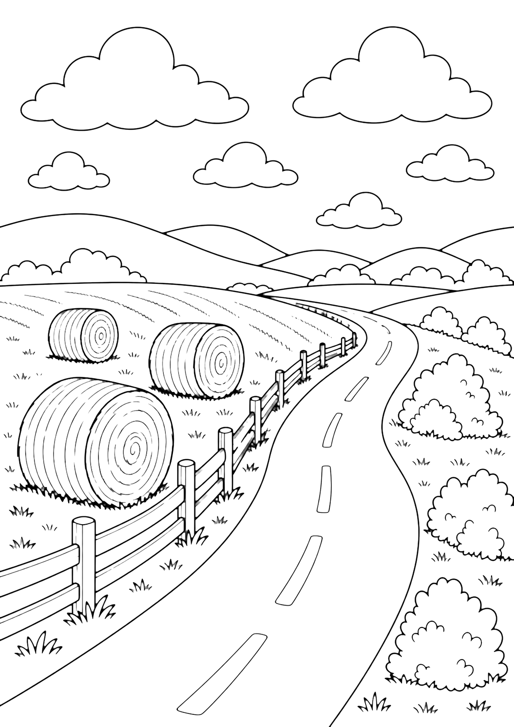 hay bales country road coloring page with round hay bales beside a quiet country road, low fence pieces, rolling hills, small bushes, broad clouds, and open sky for kids