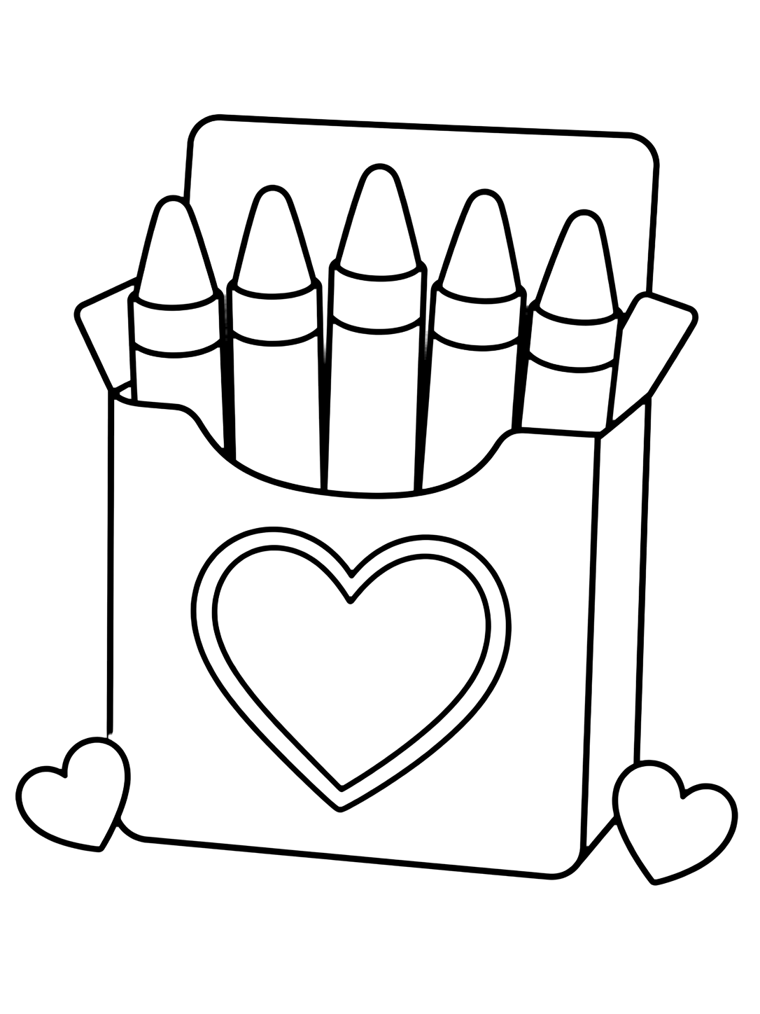 Coloriage avec le motif « boîte de crayons avec cœur » avec de grands crayons, une boîte vide et des détails créatifs simples. Idéal pour enfants, rentrée scolaire, impression et coloriage en ligne.