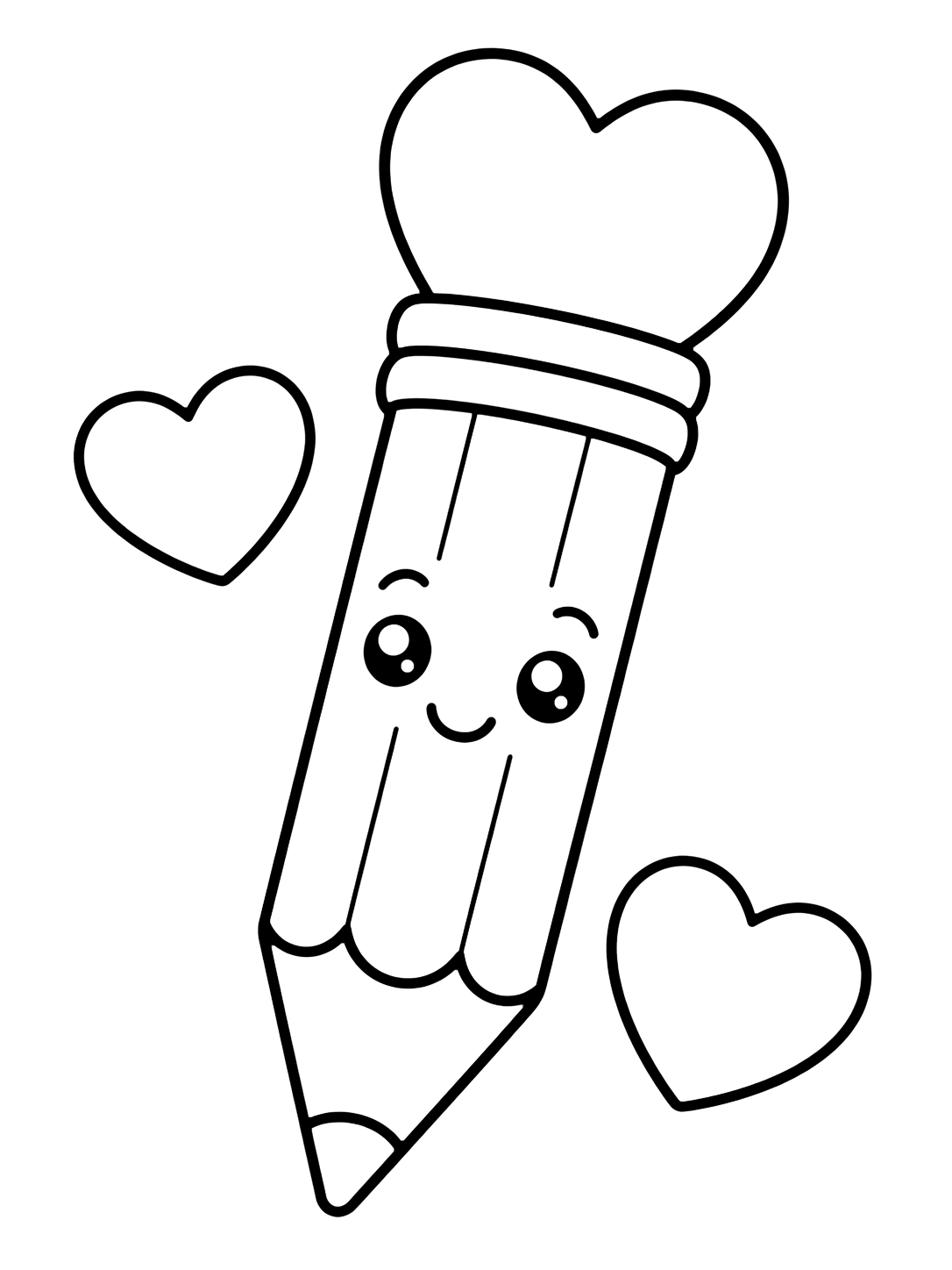 Dibujo para colorear con el motivo «lápiz con corazón» con un lápiz grande y detalles escolares sencillos. Ideal para niños, actividades escolares, impresión y coloreado online.