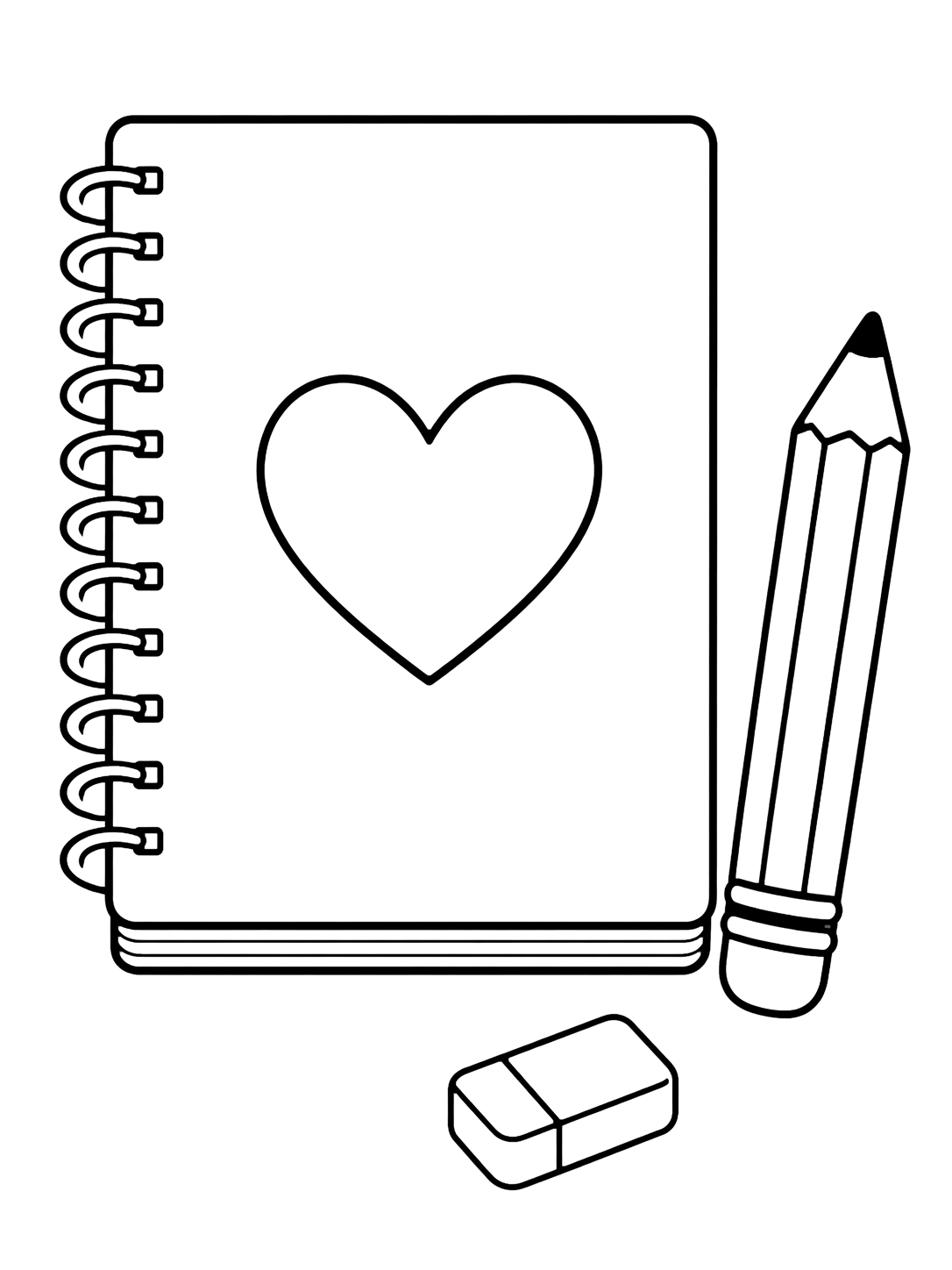 Coloriage avec le motif « cahier avec cœur » avec un cahier bien lisible, de grandes formes scolaires et beaucoup d'espace. Idéal pour enfants, rentrée scolaire, impression et coloriage en ligne.