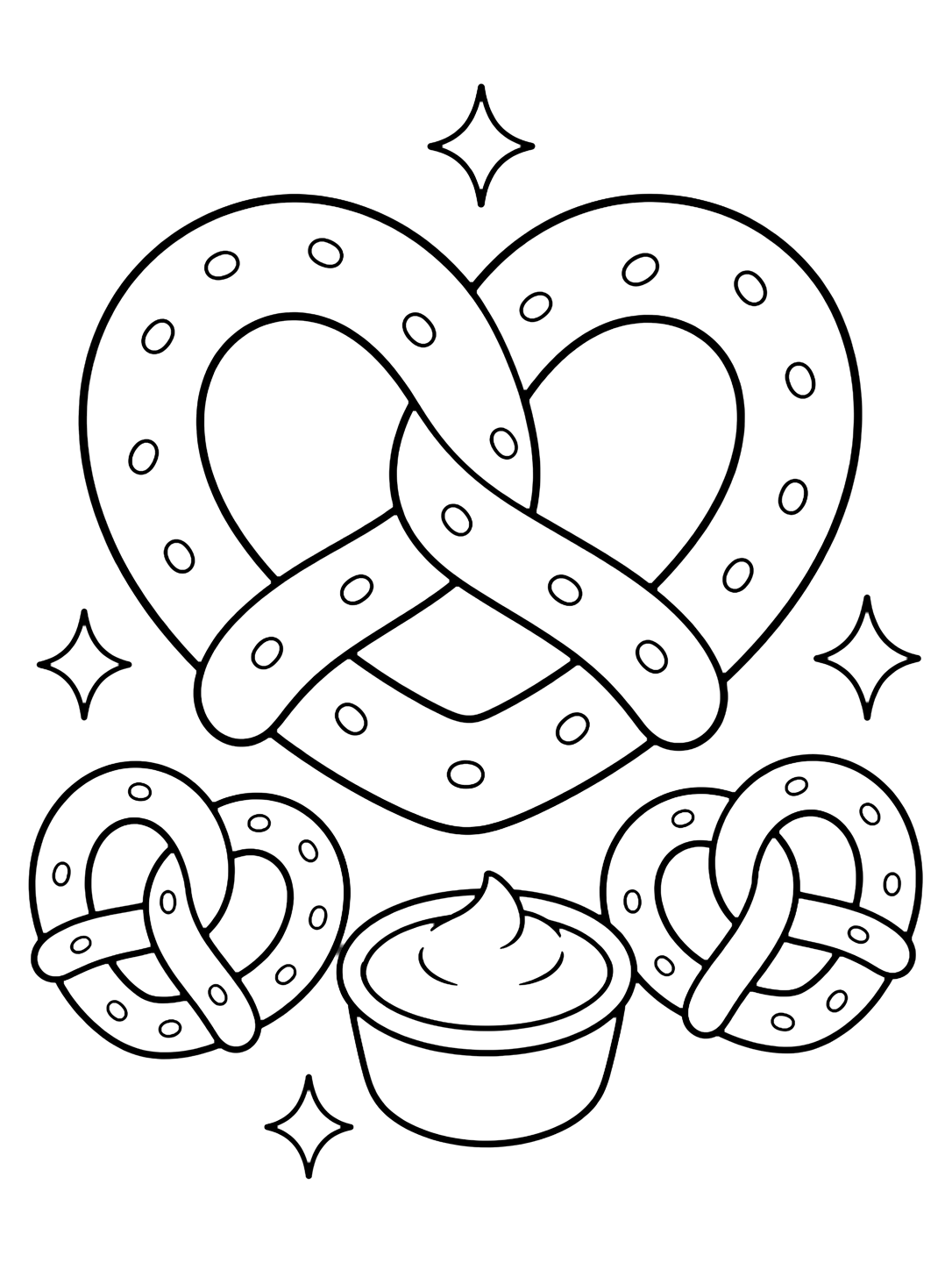 Disegno di pretzel da colorare con un pretzel a forma di cuore al centro, due piccoli pretzel, una salsa rotonda e semplici scintille. Adatto a bambini, stampa e colorazione online.