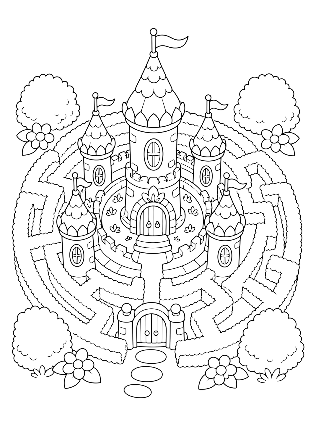 hedge maze enchanted castle coloring page with clean enchanted castle line art for kids