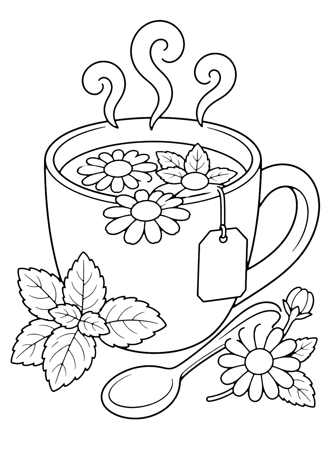 herbal tea mug coloring page with simple tea line art for kids