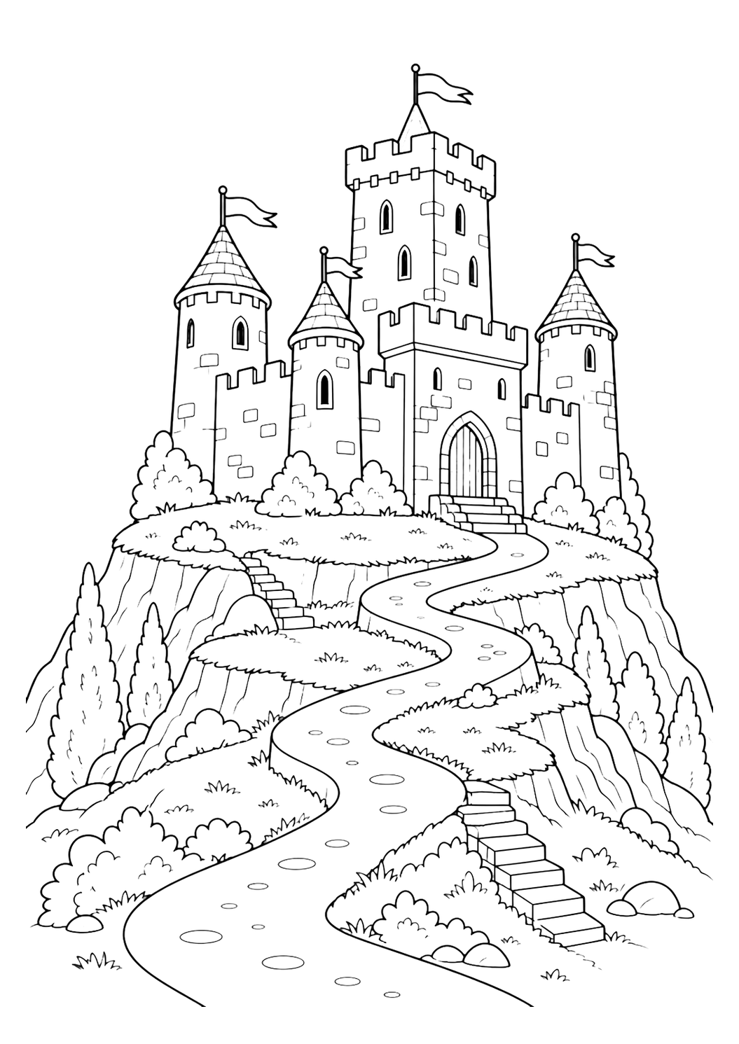 Coloriage de château médiéval sur colline avec donjon avec un château médiéval sur une colline vu de trois quarts, avec un haut donjon central, trois tours rondes irrégulières, des murs crénelés, de fines fenêtres arquées, un chemin sinueux montant la colline, des terrasses d'herbe simples et de petites marches de pierre. Idéal pour enfants, impression, téléchargement et coloriage en ligne.