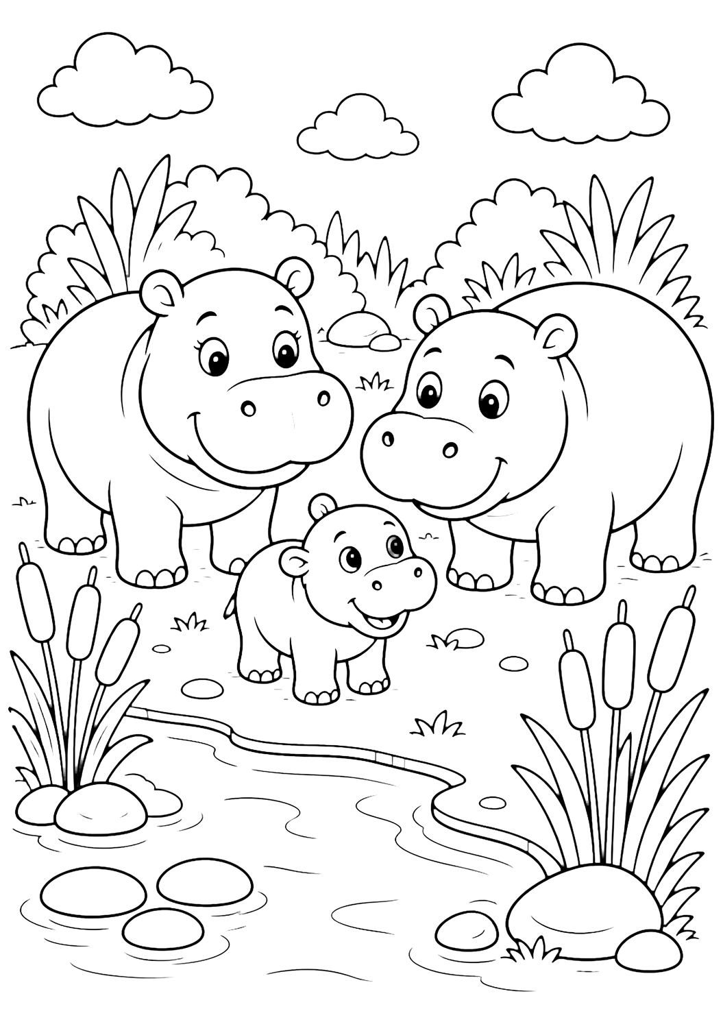 coloriage famille d’hippopotames au zoo, scène sympathique de famille d’animaux du zoo