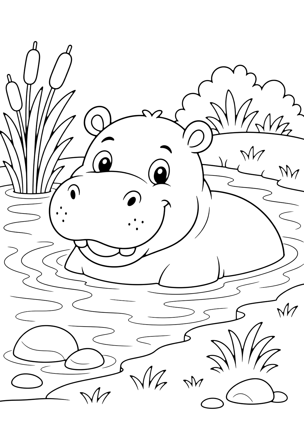 Coloriage hippopotame au bord de la rivière du zoo