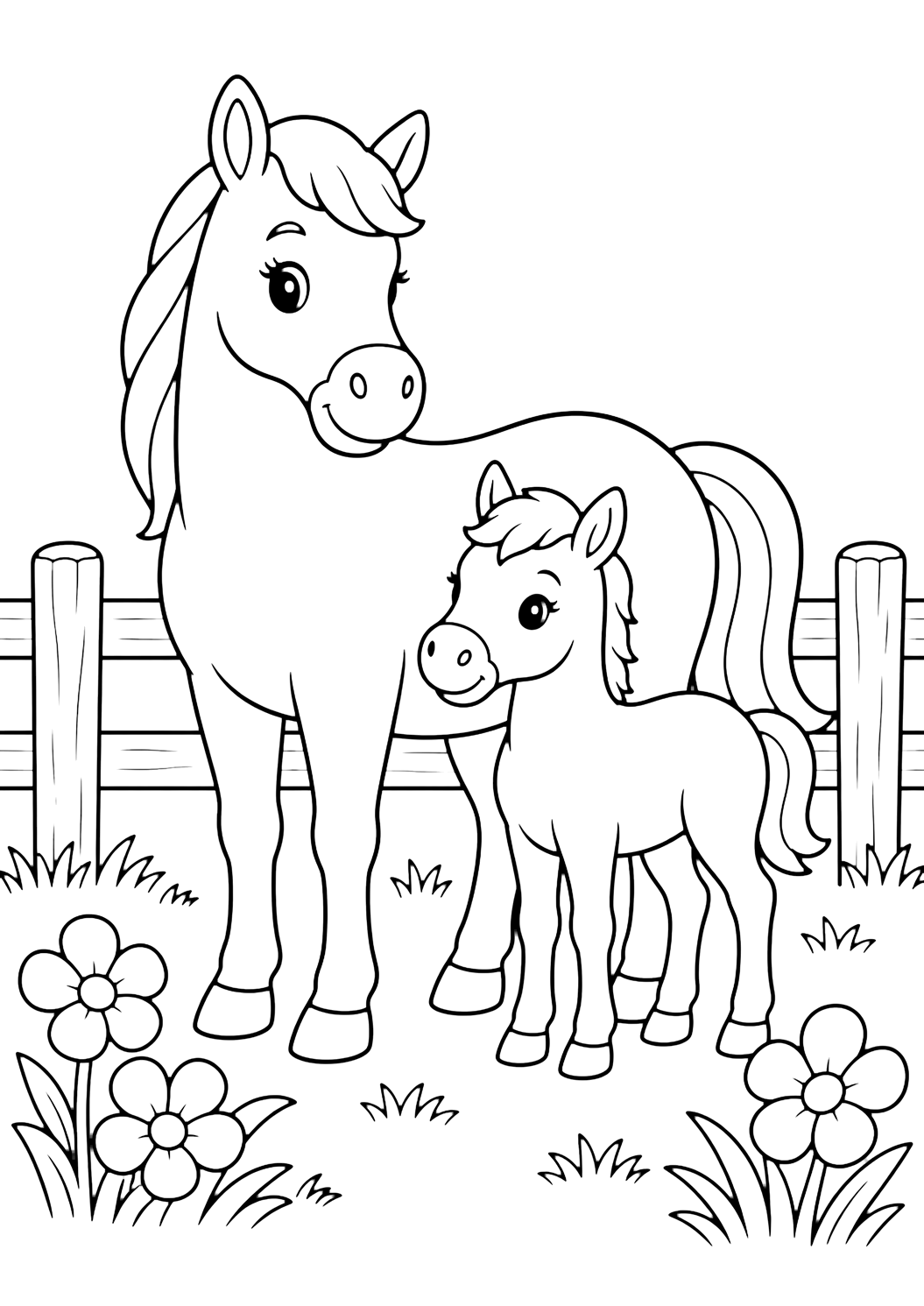 Coloriage famille cheval et poulain