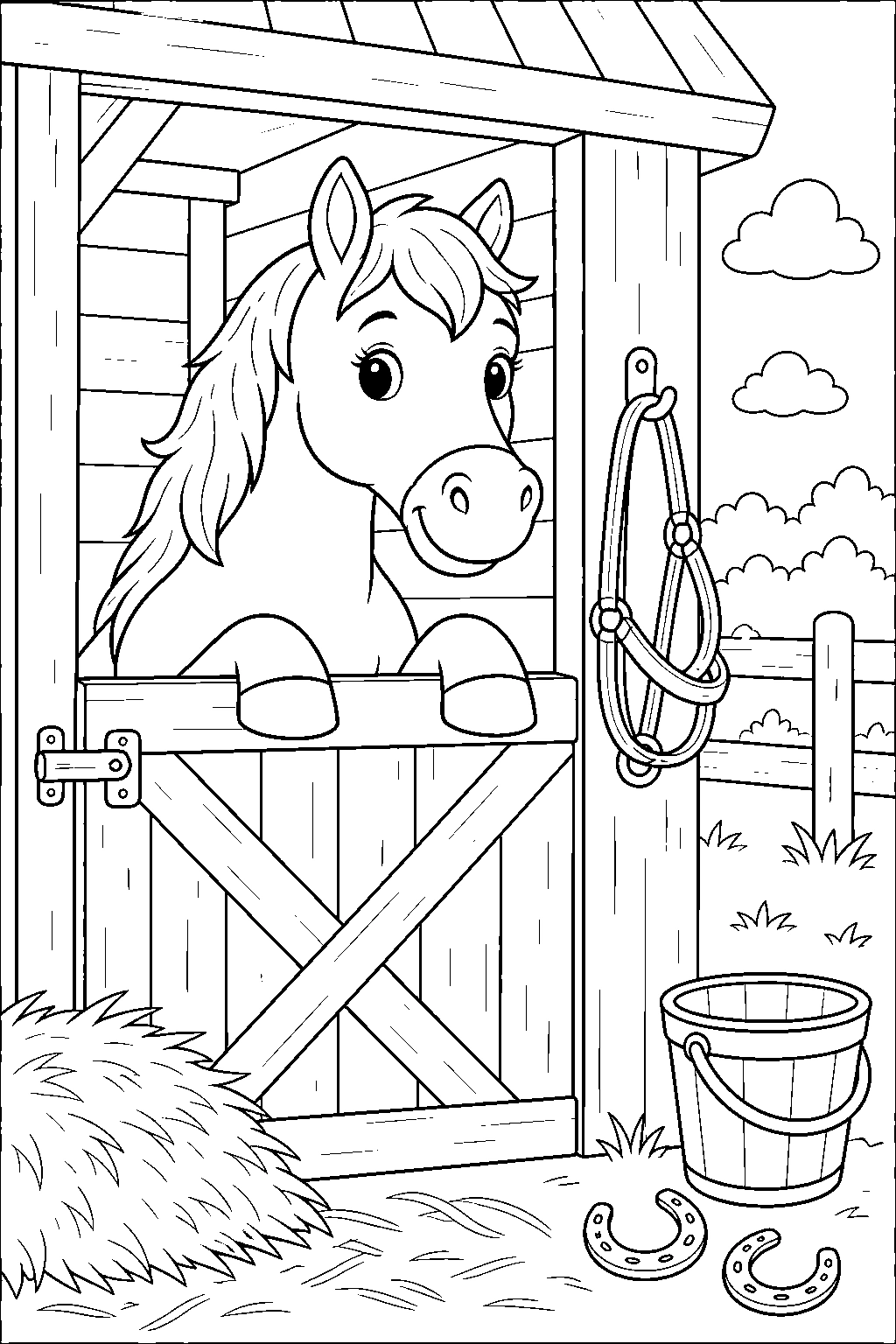 Cavallo alla porta della stalla da colorare