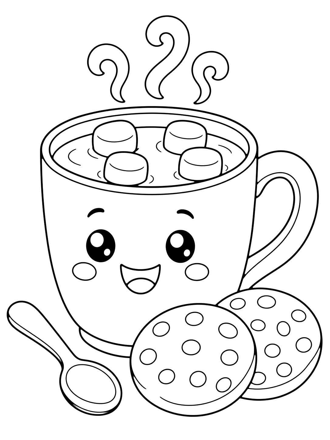 Ausmalbild mit heißer Schokolade und eine Tasse heiße Schokolade mit runden Marshmallows, Dampfkringeln, zwei großen Keksen, Löffel und lächelndem Gesicht auf der Tasse. Geeignet für Kinder, Ausdrucke und Online-Ausmalen.